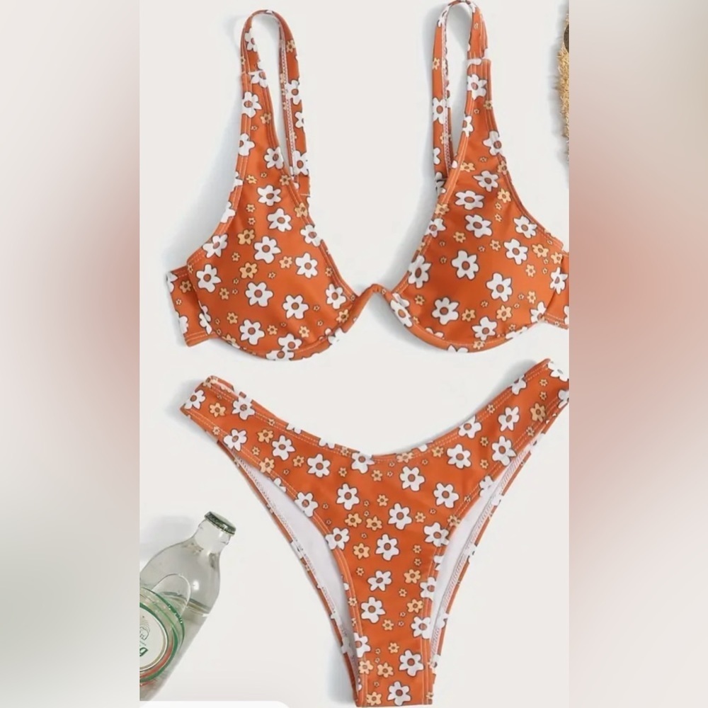 Orange Floral Print Underwire Bikini Set